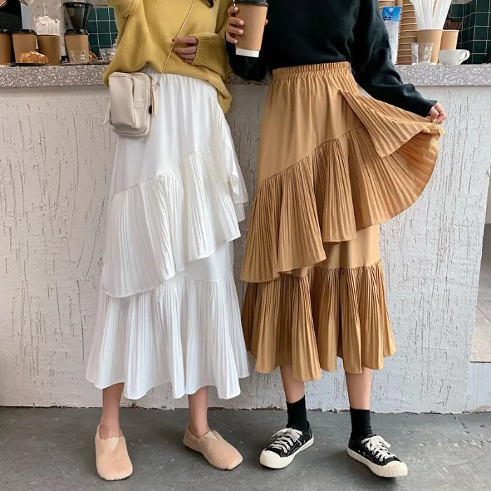 

Skirt Female Autumn Sense of Design Irregular Pleated Skirt Slimming High-waisted Cake Dress