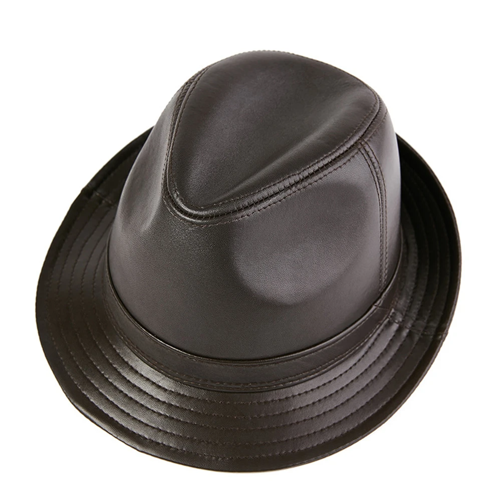 LA SPEZIA Men Fedora Hat Real Leather Sheepskin Dark Brown Jazz Hat Male Autumn Winter High Quality Men's Flat Top Cap