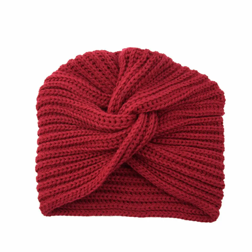 Женская теплая зимняя вязаная шапка-чалма, шапка с перекрещивающимися кручеными ушками, Шапка-бини, многоцветная - Цвет: Красный