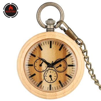 

REDFIRE Creative Vintage Pocket Watch Quartz Bamboo Wooden Open Face Pocket Accessory Clock Steampunk Bronze Pocket Chain