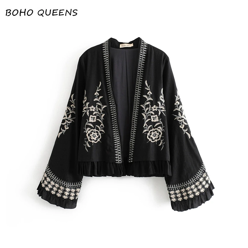 

Vintage chic Women Floral embroidery Boho Kimono bohemian V Neck flare Sleeves Ladies loose Blouses Casual streetwear