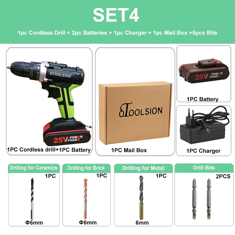 SET4 (2 pc battery) 25+ 1 Toque 1.5Ah 25V Электрическая Дрель аккумуляторная дрель электрические инструменты Электронная отвертка дрель шуруповерт с литиевой батареей - Цвет: SET4 (2 pc battery)