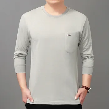 

Middle-aged men's round neck long-sleeved T-shirt loose pockets pullover top 40-50 years old father autumn shirt 1998