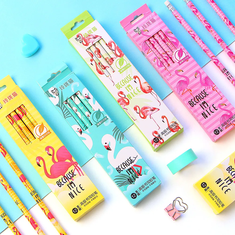 

12Pcs/Set Cute Kawaii Cartoon Flamingo Pencil HB Sketch Items Drawing Stationery Student School Office Supplies for Kids Gift