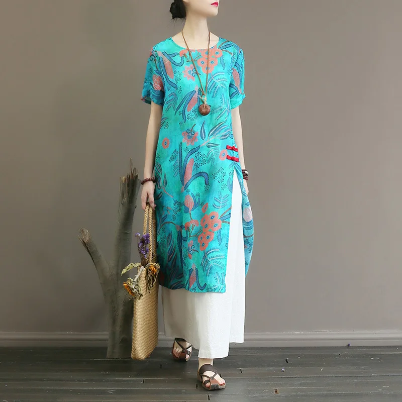 

Original high-grade pure ramie printed dress in summer is thin, loose, medium and long skirt pullover with side split
