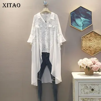 

XITAO Korean Style Plus Size Chiffon Shirt Vintage Printing Irregular Mid-length Women Tops Fashion Loose Women Blouses XJ4868