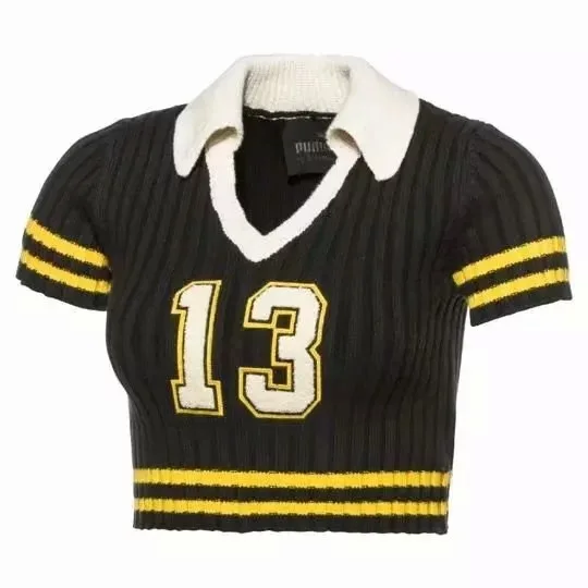 

Women's Clothing Rihanna Color Panel Striped 13 with Numbers Embroidered Short Sleeved Short Sweater Sweater