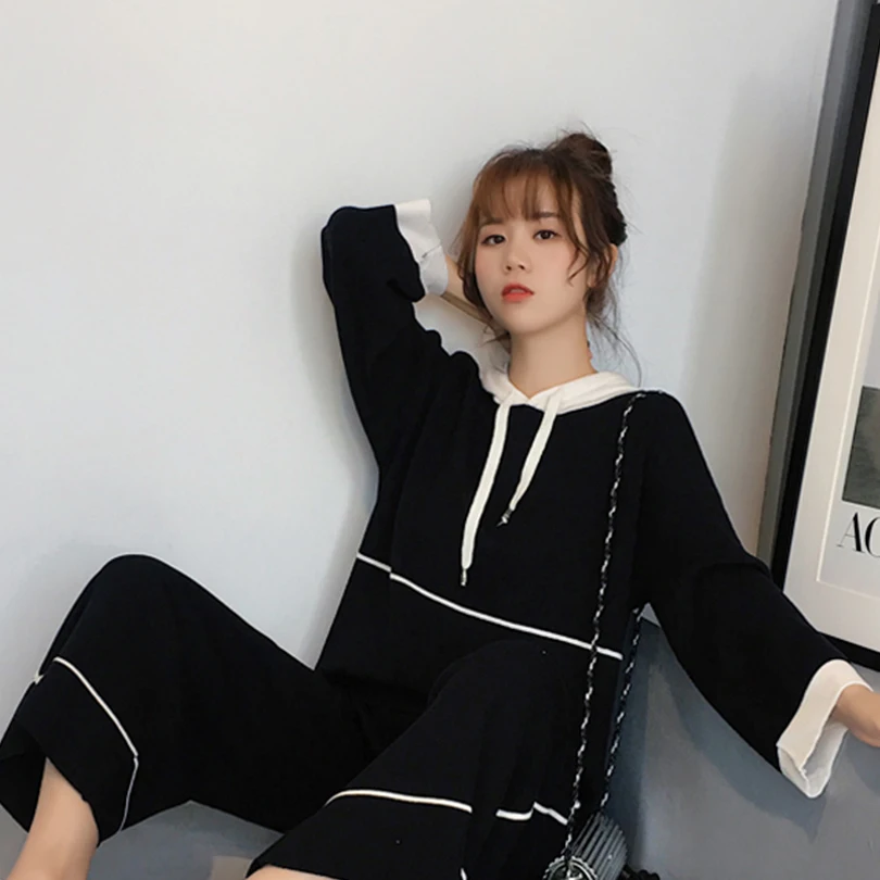

Taotrees Autumn Hooded Collar Pullover Top + Wide Leg Pants Women Two Piece Set