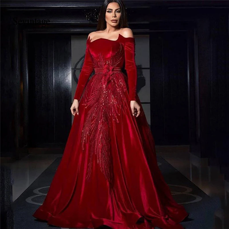 Sevintage 2020 Red Off Shoulder Celebrity Dresses Long Sleeve Velvet ...