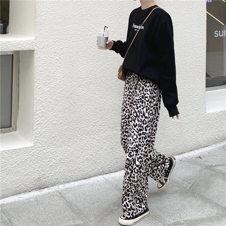 Harajuku Свободные леопардовые брюки женские эластичные с высокой талией широкие брюки корейские летние уличные брюки женские pantalon femme