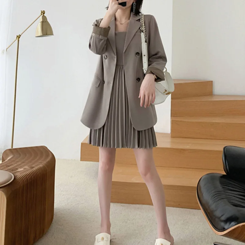 

High quality women's suits large size XL-5XL 2019 autumn new loose double-breasted blazer Women's casual pleated dress suit
