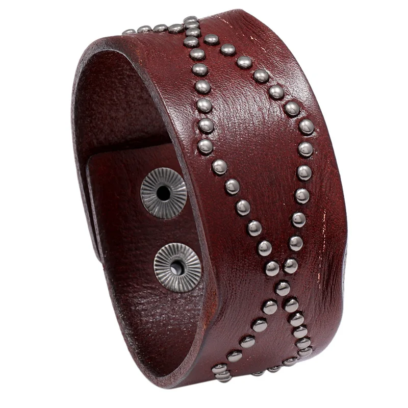 Bracelet Jewelry VOQ Punk Style Retro Design Genuine Leather Wide Wristband Rivet Collocation Button Unisex