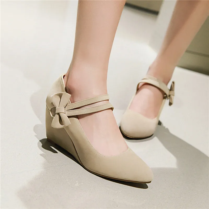 

Autumn 2019 Flock Blue Apricot Black Wedes Cute Bowtie Mary Jane Shoes Hook Loop Wede Hih Heels Pumps Women Bi Size