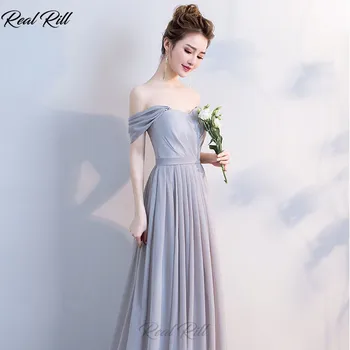 

Real Rill Off The Shoulder Bridesmaid Dresses Cap Sleeves Lace Up Back Long Chiffon A-Line Wedding Guest Dress Vestidos De Festa