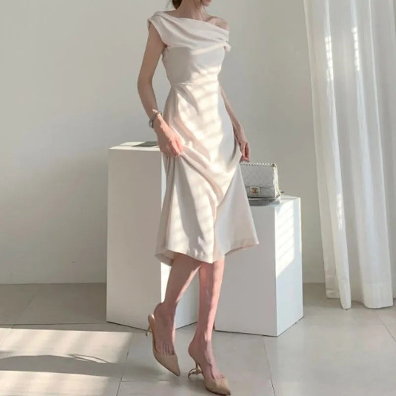 Office Women Female Dress Chic Korean Summer Word Collar Strapless Waist Fashion Long Dress Elegant Dresses Vestidos 2020