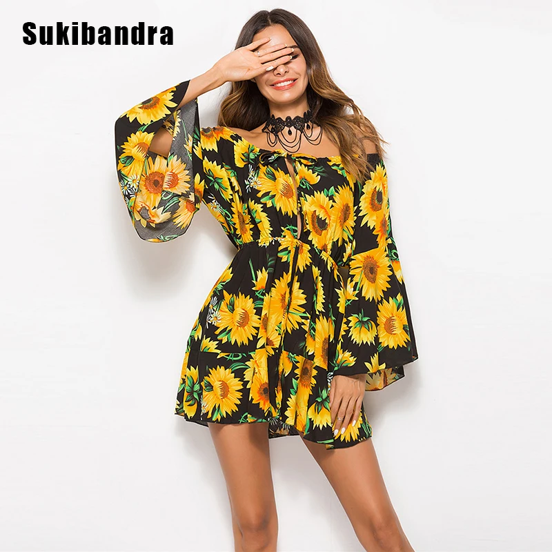 Sukibandra Лето с длинным рукавом с открытыми плечами Цветочный принт платье Высокая Талия Винтаж Boho дамы платья пляжное богемное короткое