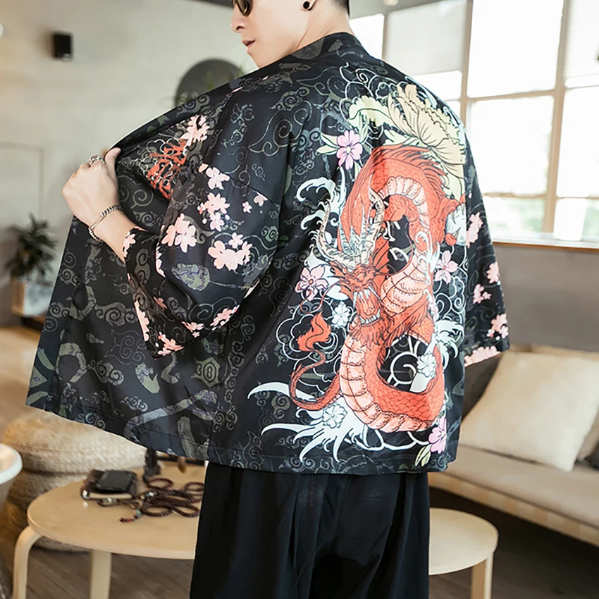 Dragon Floral Print Chinese Shirt Crane Top Traditional Chinese Clothes for Men Asian Cardigan Retro Party Costume Plus Tangsuit