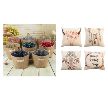 

Set of 4 Bohemian Style Decorative Throw Pillow Covers 18 x 18 Inch & 1x Cotton Linen Art Flower Pot Small Sack Hanging Jute Cot