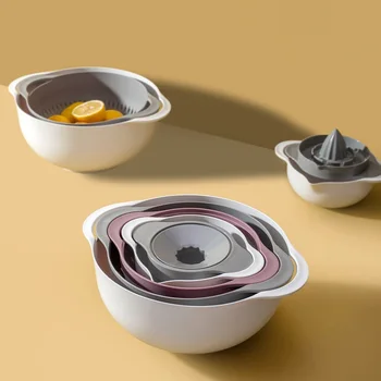 

5in1 Multi-Function Fruit Vegetable Washing Basket Include Salad Mixing Bowl Drain Bowl Flour Sieve Manual Juicer Kitchen Gadget