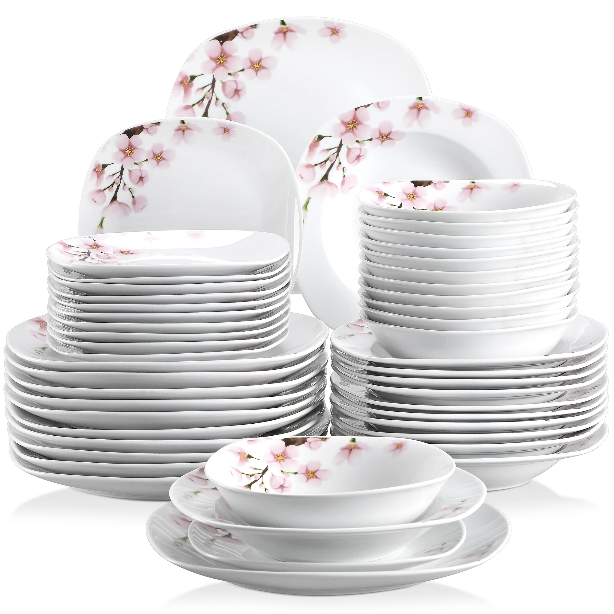 VEWEET ANNIE 48-Piece Porcelain China Ceramic Tableware Dinner Plate Set with Bowl,Dessert Plate,Soup Plate,Dinner Plates