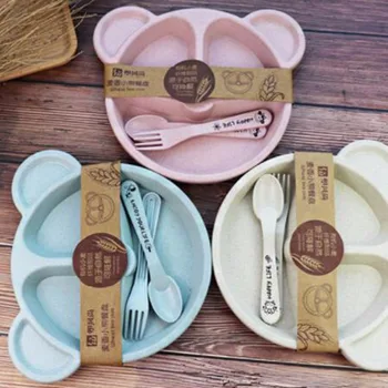 

Cubs Children's Dinner Set Wheat Straw Novel Cartoon Tableware Baby Dish Tray Breakfast Tray Addition Fork and Spoon