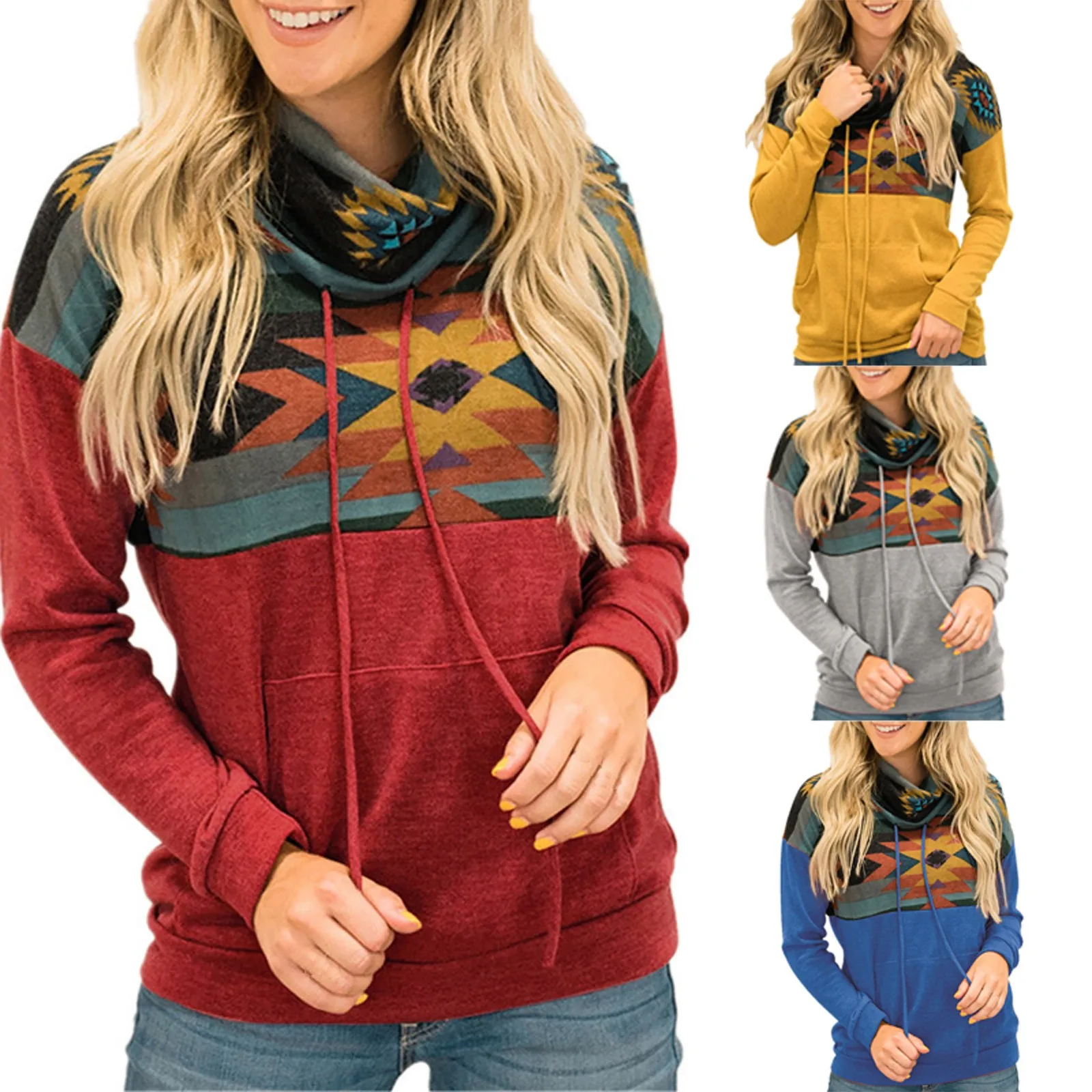 

Women Casual Color Block Pullover Cowl Neck Sweatshirt Tops with Pockets Blouse noel Adjustable drawstring Warm high collar F4