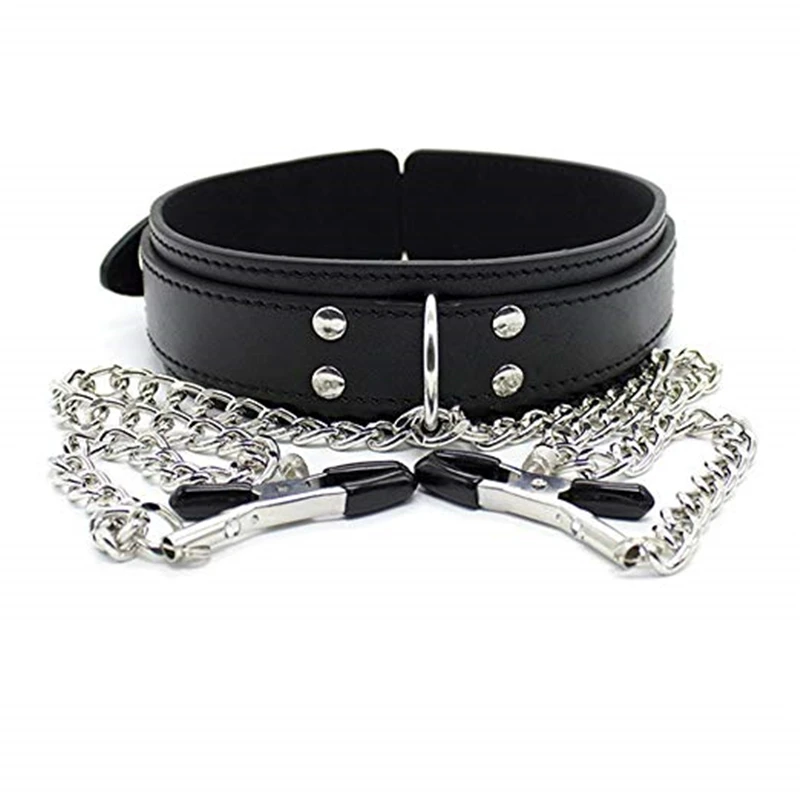 Faux Leather Choker Collar With Nipple Breast Clamp Clip Chain Couple SM Sex Toys For Woman