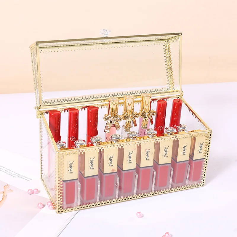  24 grids gold edge glass lipstick storage holders copper lipstick makeup cosmetic organizer glass s
