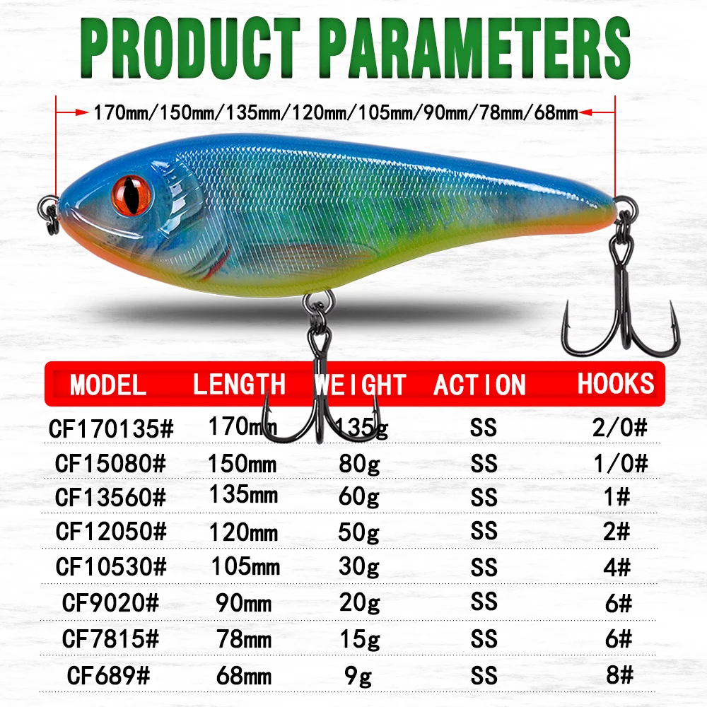 CF  Luminous Fishing Lure Slow Sinking Jerkbait 68mm/78mm/90mm/105mm Musky Pike Slider Bass 5