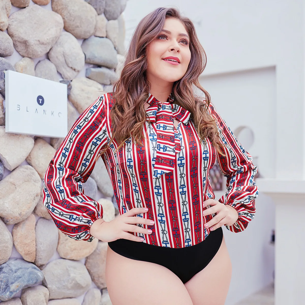 

2019 European And American Women's New Chain Printing Puff Sleeve Bottoming Bodysuit Bow Tie Long Sleeve Large Size Onesies