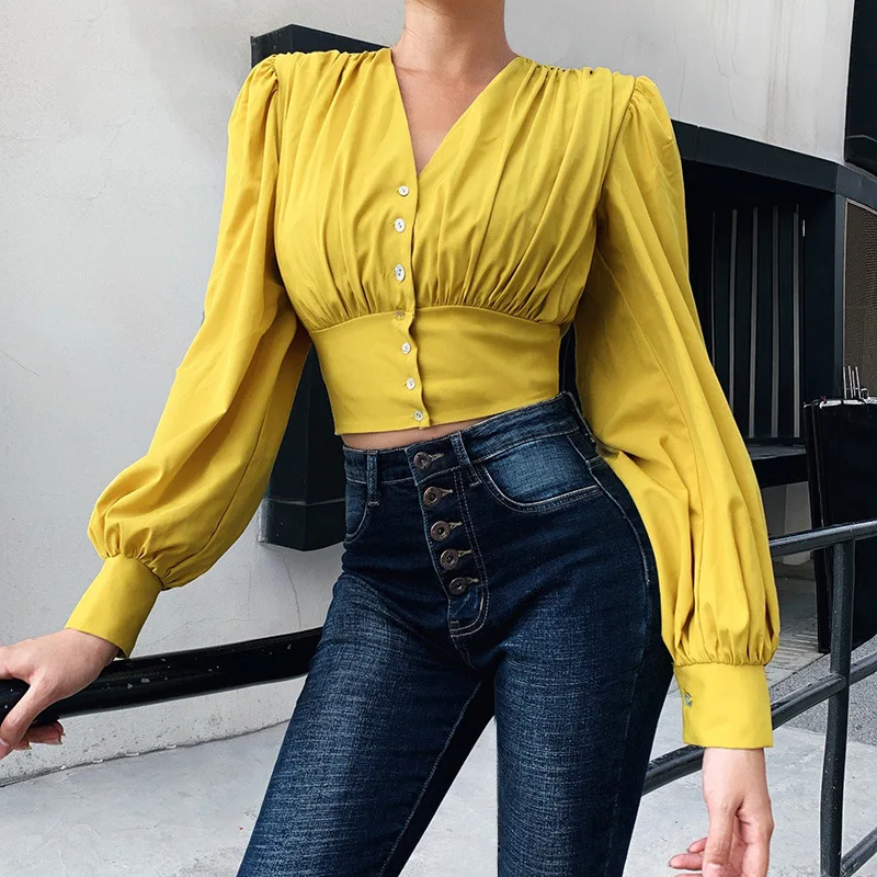 Hot sale 2020 Spring new womens tops and blouses Sexy V-neck Lantern sleeves Fashion Shoulder Pleated Short Solid dew Navel top - 4.00046E+12