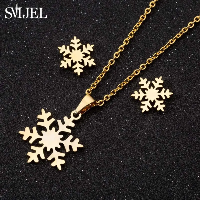 Smjel Stainless Steel Sets For Women Snowflake Butterfly Fish Bone Chain Necklace Stud Earrings Jewelry Set New Year Gift