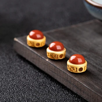 

Natural South Red Agate Round Egg-shaped Beads Hollow out S925 Sterling Silver DIY Single Separated Golden Bead Accessories