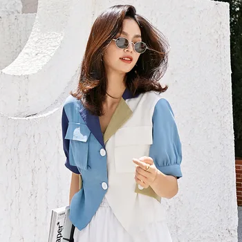 

LANMREM 2020 Summer New Lapel Single Breasted Hit Color Splice Shirt Women Korea Loose Short Sleeve Popular Blouse Tide PF713