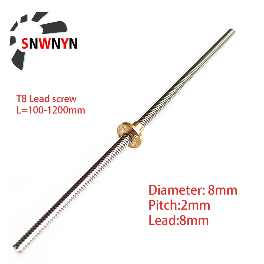 T8 2mm Lead Screw CNC 3D Printer Length 1000mm & Brass Nut Pitch 2mm Lead 2mm 