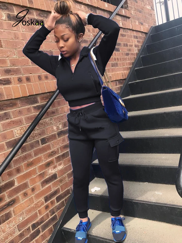 

Joskaa Autumn Winter Sport Sweatsuit Women's Set Crop Tops Jogger Pants Set Tracksuit Matching Pockets Two Piece Fitness Outfit