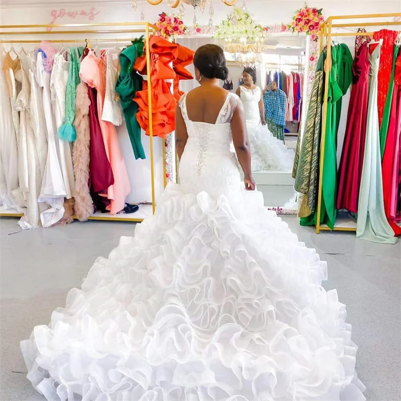 Arabic Style Mermaid Wedding Dresses O-Neck Appliques Sleeveless Lace Long Bridal Party Evening Gowns Robe De Soirée De Mariage