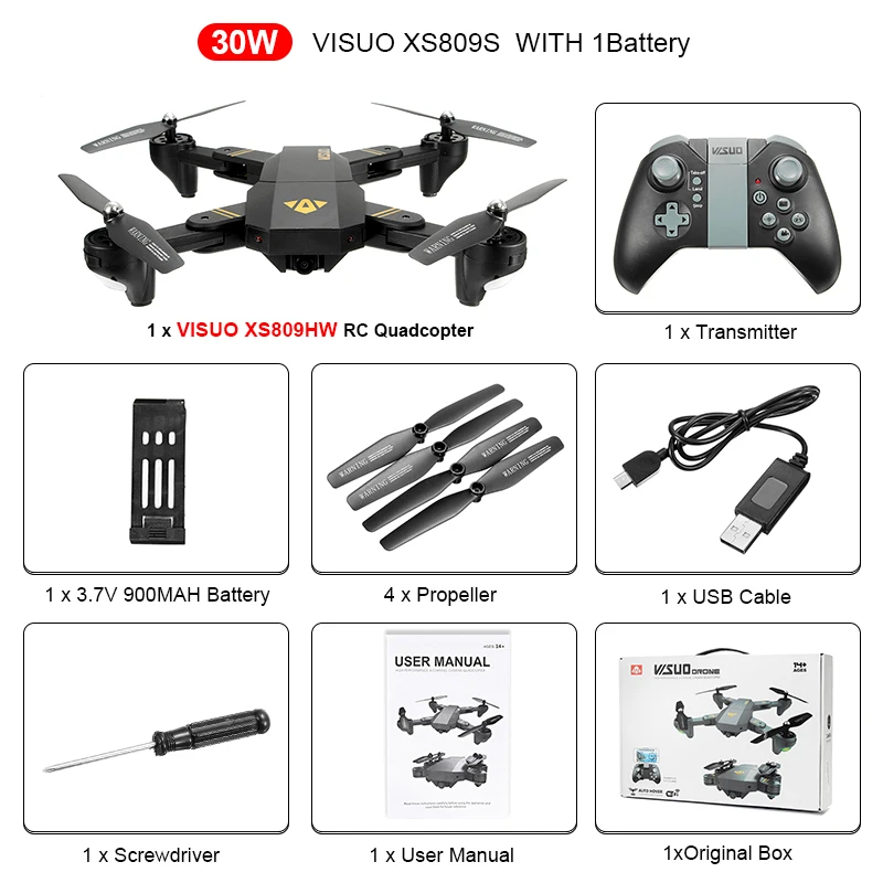 VISUO XS809HW Wi-Fi FPV с широкоугольной HD камерой, режим высокой фиксации, Складная рукоятка, Радиоуправляемый Дрон, Квадрокоптер, вертолет RTF - Цвет: Black 30W Mode2