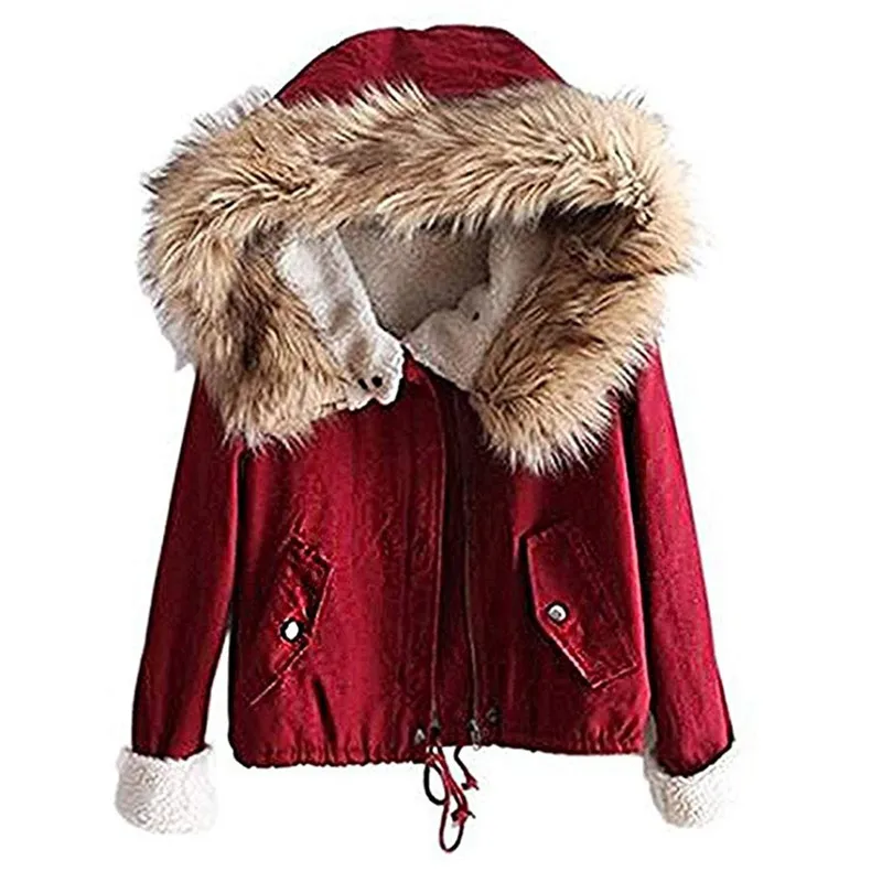 JAYCOSIN Femme, женская зимняя флисовая куртка с длинным рукавом и капюшоном, короткая теплая куртка на молнии с карманами, пальто, chaquetas para mujer - Color: Red