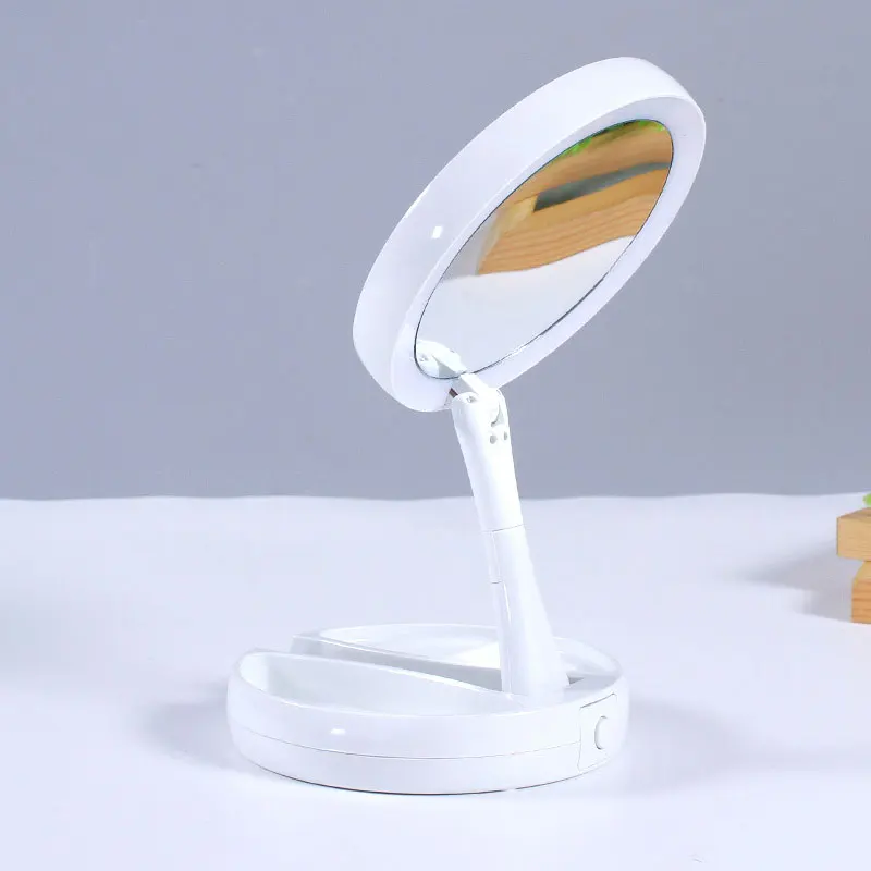 

LED Light Double Sided Mirror USB Charging Table Stand Folding Extend Mirror 360 rotation Portable LED Magnifying Makeup Mirror