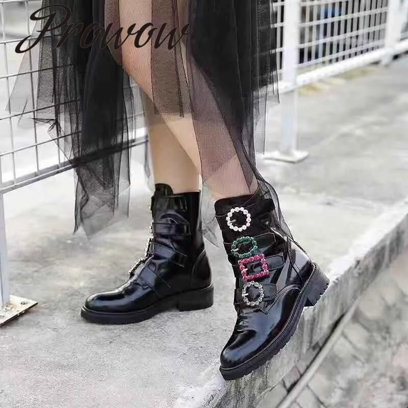 

Prowow New Genuine Leather Round Toe Ankle Boots Crystal Jewel Buckle Strap Low Heel Boots Shoes Women Comfortable Women Boots