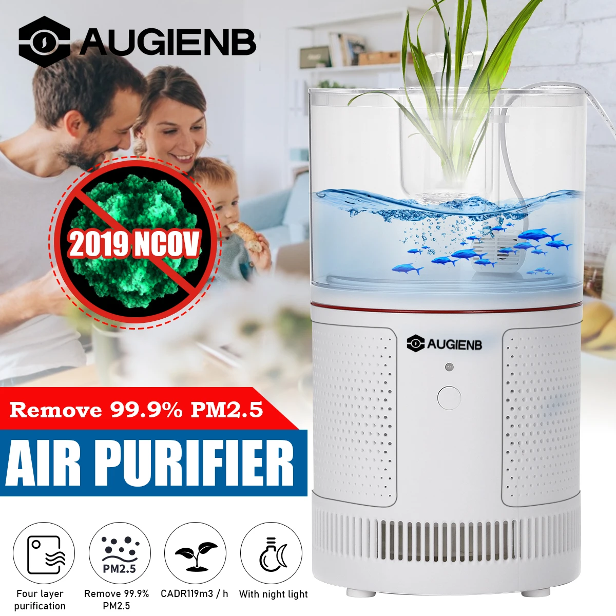 

AUGIENB HEPA Desktop Ionizer Air Purifier + Aquarium Filter for Smoke / Allergies / Mold / Smoke / Dust / Pet Dander / VOCs