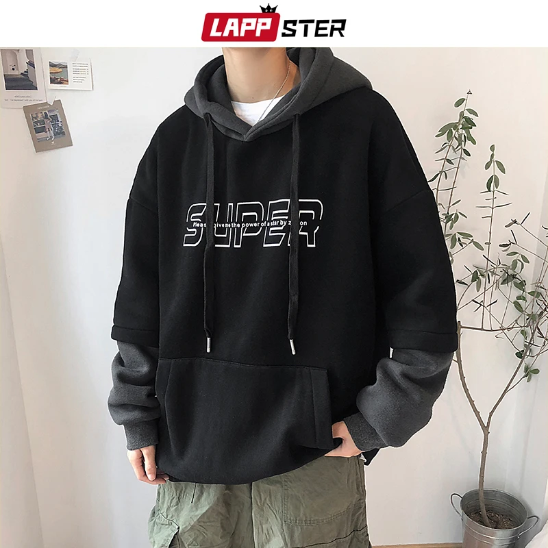 LAPPSTER Men Patchwork Hooded Hoodies 2020 Mens Korean Fashions Fake Two Pieces Sweatshirts Male Black Letter Hip Hop Clothing LAPPSTER Men Patchwork Hooded Hoodies 2020 Mens Korean Fashions Fake Two Pieces Sweatshirts Male Black Letter Hip Hop Clothing