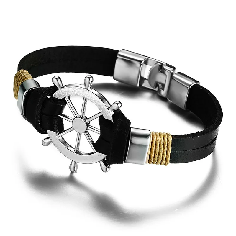 Vintage Black Brown Alloy Rudder Bracelet Leather Rope Anchor Ship Rudder Braided Bracelets Men Fashion Jewelry bracelet jewelry