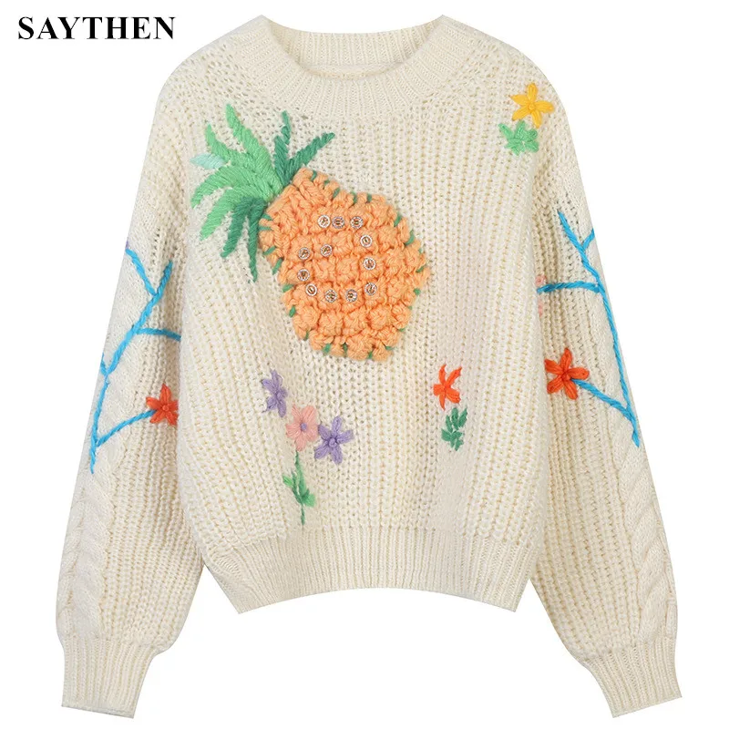 

SAYTHEN Version Of The New Autumn And Winter Pineapple Flower Three-Dimensional Embroidery Fresh And Sweet Loose Pullover Lady