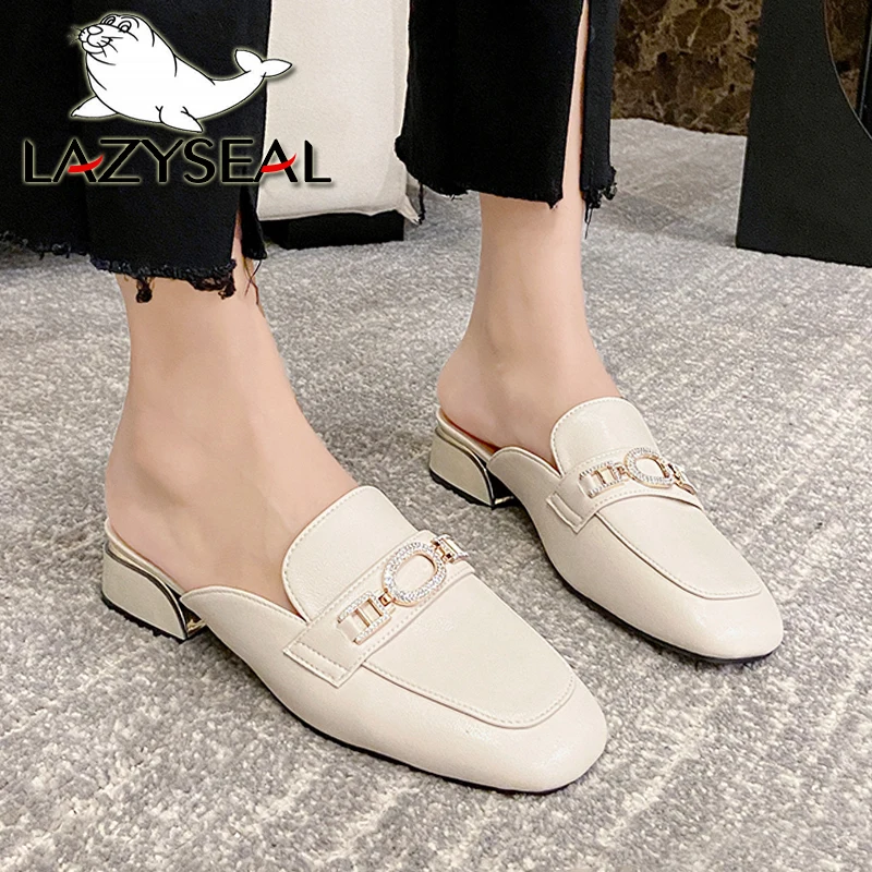 

LazySeal Square Toe Slides Mules Shoes 3cm Heels Crystals Metal Buckle Women Slides New Summer Woman Ladies Half Slippers