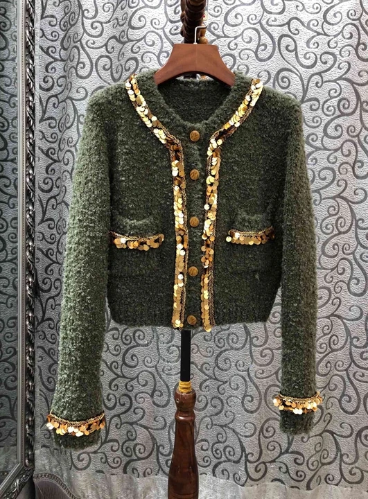 

2019 Early autumn new round collar sequins woven decorative long sleeve short jacket 911