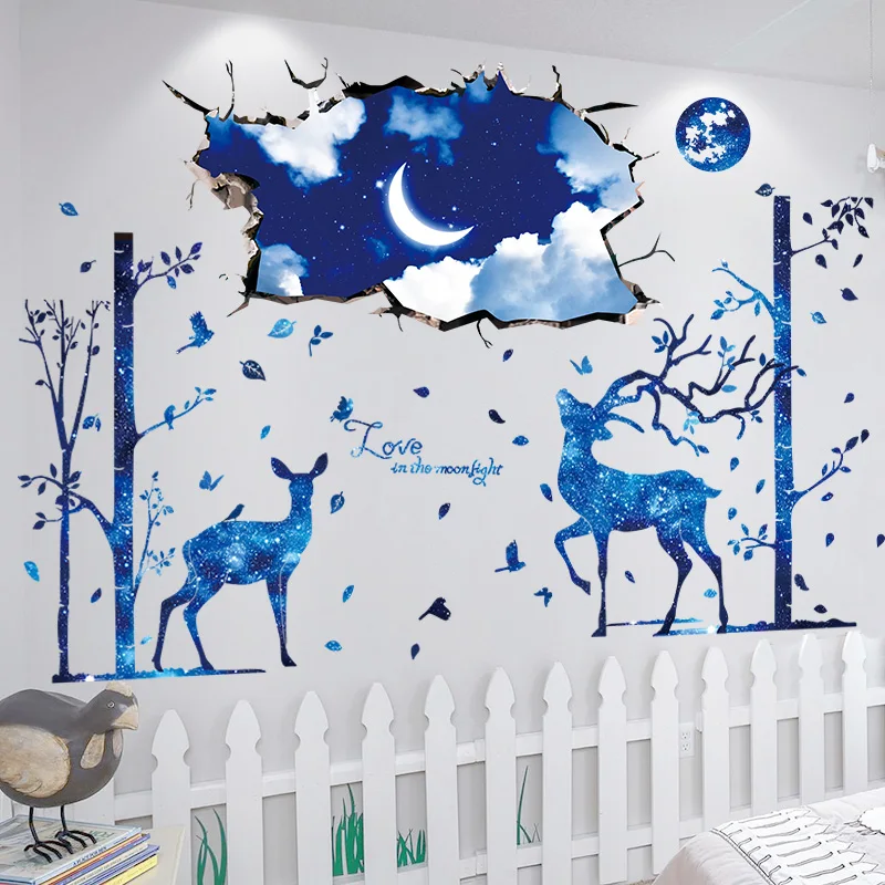 

[SHIJUEHEZI] Blue Deer Trees Wall Stickers for Kids Room Baby Bedroom Decoration DIY Blue Sky Ceiling Decals