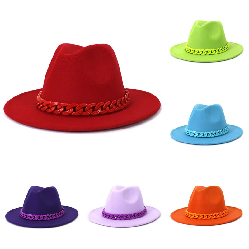 Women Men Wide Brim Wool Jazz Fedora Hats Suger Color Chain Felt Hat Panama  Trilby Cap Trend Gambler Hat Wholesale - AliExpress Phụ Kiện Trang Phục