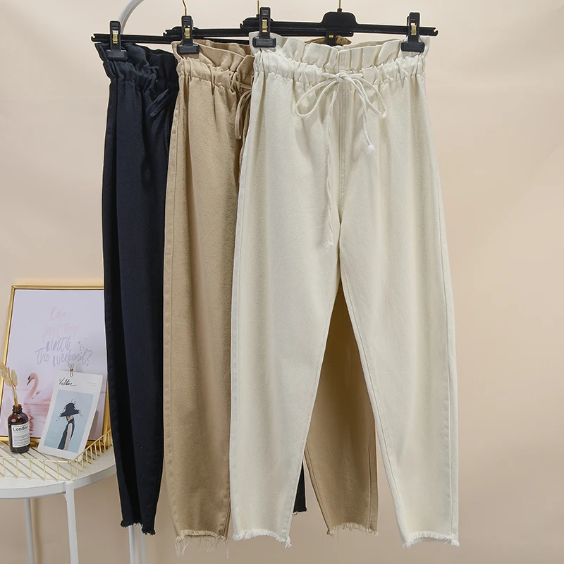 S-XXL корейские повседневные джинсовые штаны с высокой талией для женщин и девочек, свободные штаны-шаровары с эластичной резинкой на талии, женские брюки